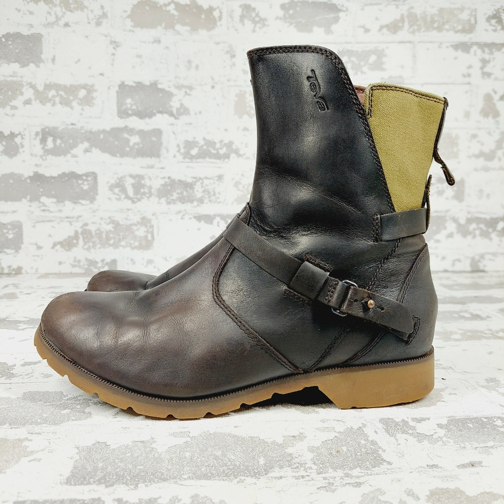 Teva De La Vina Low Brown Olive Leather Zipper Buckle Waterproof Boots K786